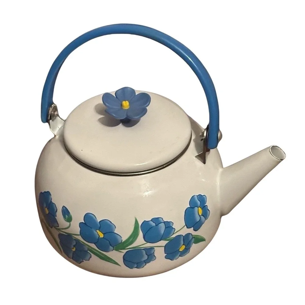 Vintage Blue Floral Enamel Tea Kettle White Stovetop Teapot Forget-Me-Not Design